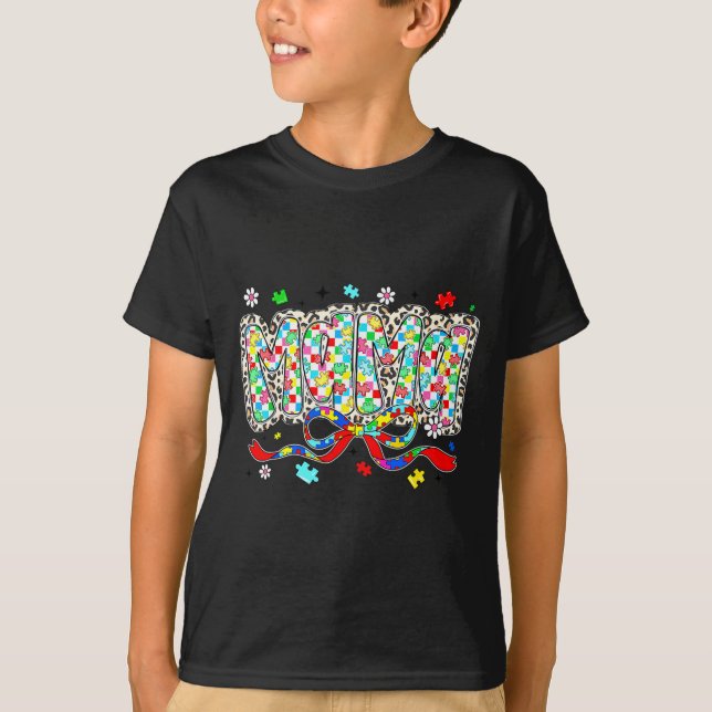 Autism mamma leopard rutig pusselbit båge t shirt (Framsida)