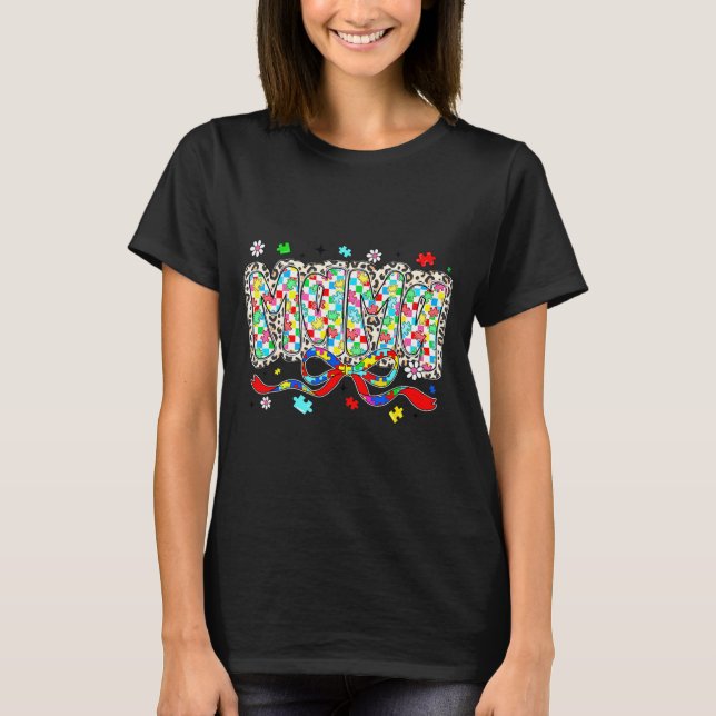 Autism mamma leopard rutig pusselbit båge t shirt (Framsida)