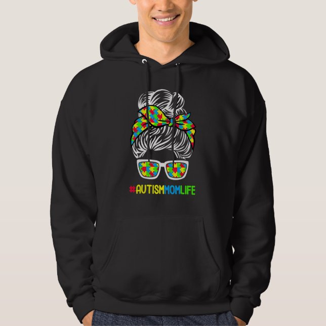 Autism Mamma Life Awareness Messy Bun Puzzle Biet  Hoodie (Framsida)