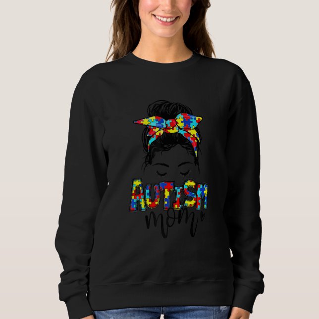 Autism Mamma Messy Bun Hair Autism Awareness Puzzl T Shirt (Framsida)