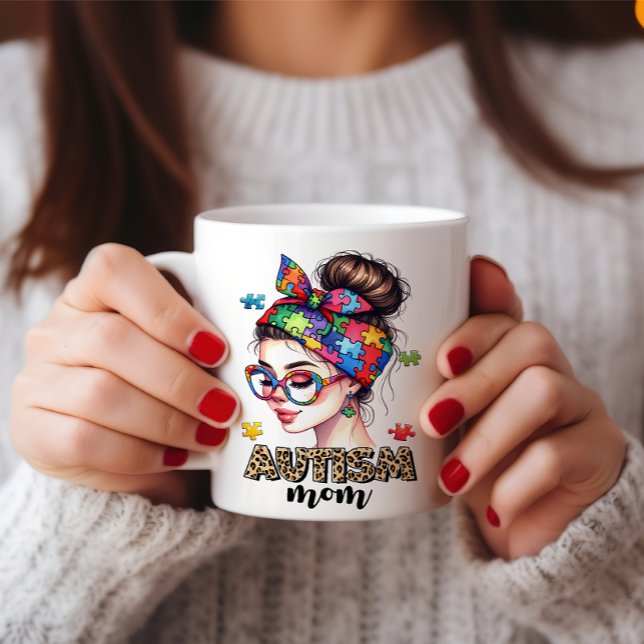 Autism Mamma Messy Bun - Heartwarming Mors dag Kaffemugg (Autism-Mom-Messy-Bun Mothers day Mug)