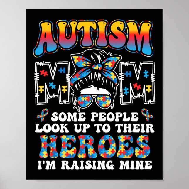 Autism Mamma Raising Hero Groovy Messy Bun Autism  Poster (Framsidan)
