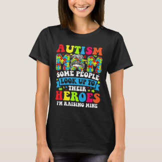 Autism Mamma Raising Hero Groovy Messy Bun Autism T Shirt