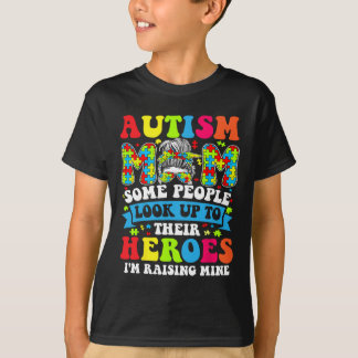 Autism Mamma Raising Hero Groovy Messy Bun Autism T Shirt