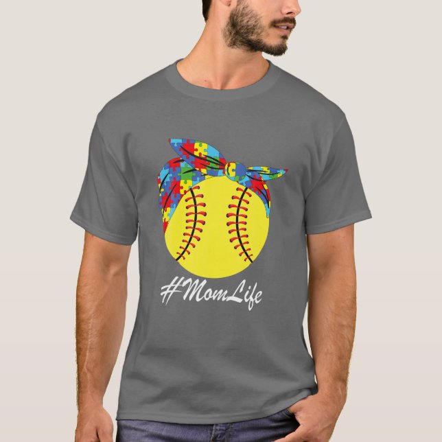 Autism Mamma Softball Messy Bun Autism Awareness T Shirt (Framsida)