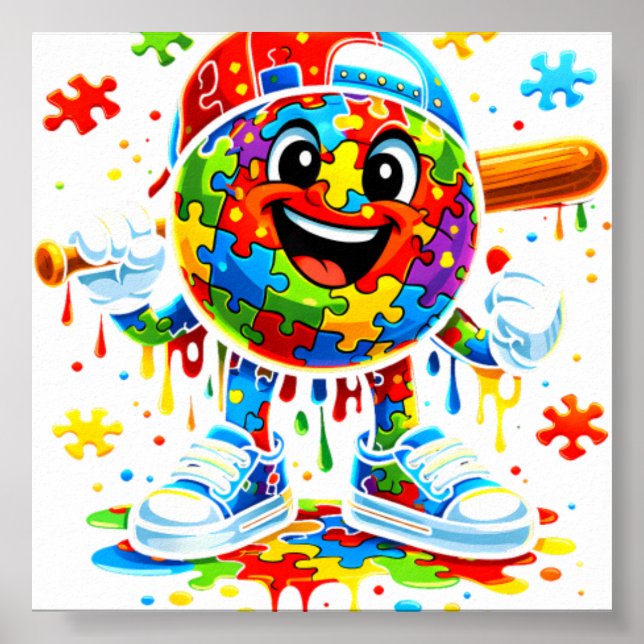 Autism Medvetenhet Baseboll Glass Ström Poster (Framsidan)