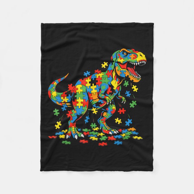 Autism medvetenhet dinosaur färgrik pussel autisti fleecefilt (Framsidan)