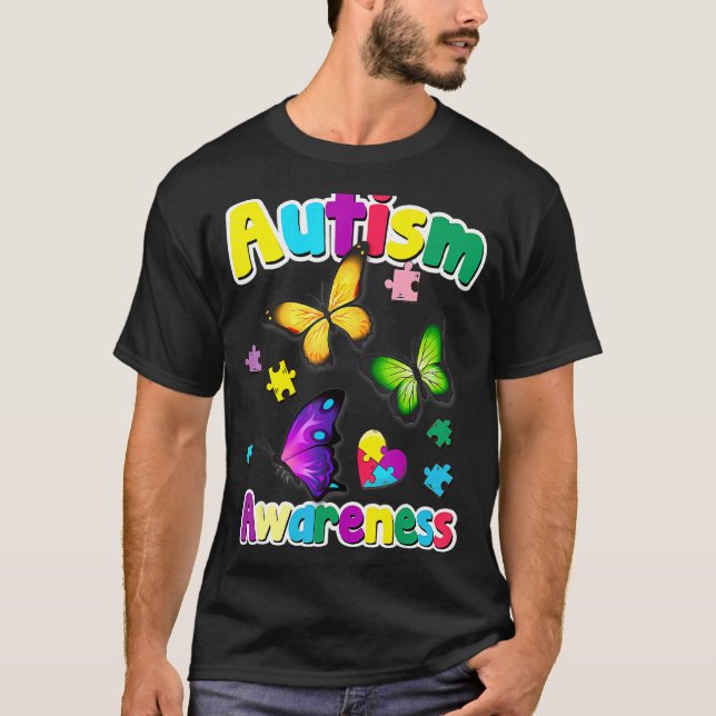 Autism Medvetenhet Fjäril Pusselbitar T Shirt (Framsida)