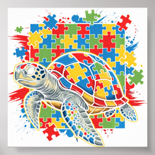 Autism Medvetenhet Havssköldpadda Pussel Autisti Poster (Framsidan)