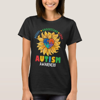Autism Medvetenhet Hjärta Solros Pussel T Shirt