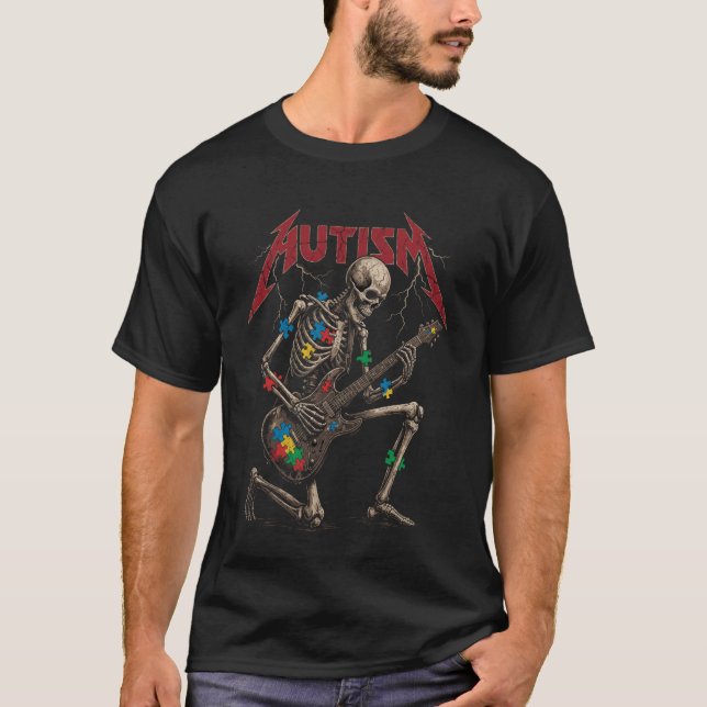 Autism Medvetenhet Månad T-Shirt Skelett Gitarrspe (Framsida)