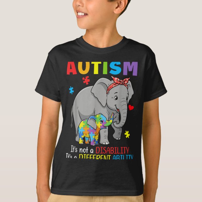 Autism Medvetenhet Mor Elefant Annan Förmåga T Shirt (Framsida)