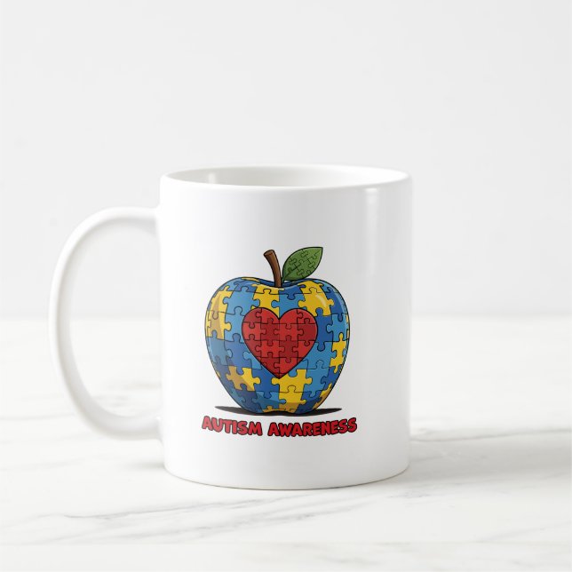 Autism Medvetenhet Pussel Äpple Hjarta Kaffemugg (Vänster)