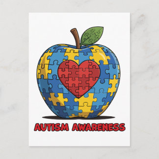 Autism Medvetenhet Pussel Äpple Hjarta Vykort