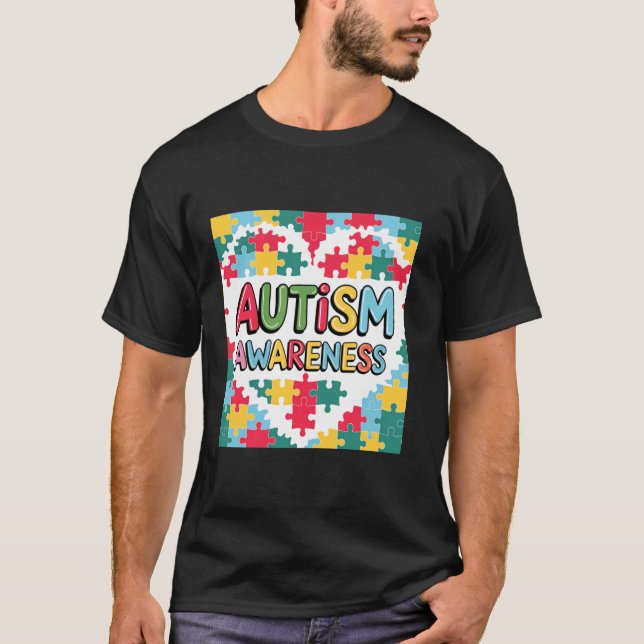 Autism Medvetenhet Regnbåge Pussel Hjärtat Stöd T Shirt (Framsida)