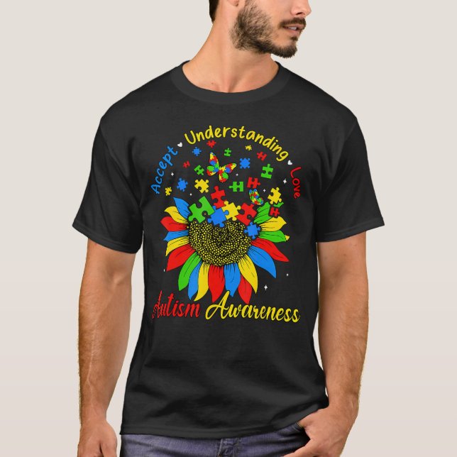 Autism Medvetenhet Solros Acceptera Förstå Kärlek T Shirt (Framsida)