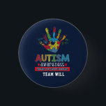 Autism Medvetenhet Utbilda Förespråka Anpassad Knapp<br><div class="desc">Färgrik pusselhand med ett kärlekshjärta i mitten för dina Autism Medvetenhet-kampanjer. Denna design har färger överallt som gör den djärv, livfull och rolig. Texten på den förmedlar ett kraftfullt budskap "Autism Medvetenhet Utbilda, Älska, Stödja, Förespråka". Lägg till ditt teamnamn genom att klicka på "Anpassa"-knappen ovan för att ersätta platshållarens teamnamn....</div>
