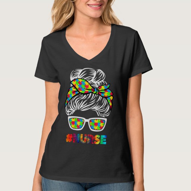 Autism Nurse Messy Bun Sunglasses Bandana Mor D T Shirt (Framsida)