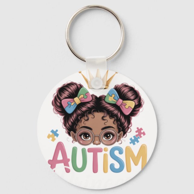 Autism Prinsessa Afro Flickor Bow Dotter Autism Aw Nyckelring (Framsida)