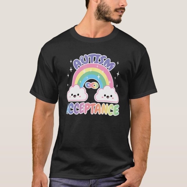 Autism Pro Acceptans Regnbåge med Oändlighetssymbo T Shirt (Framsida)