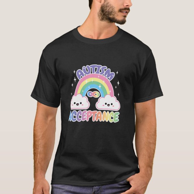 Autism Pro Acceptans Regnbåge med Oändlighetssymbo T Shirt (Framsida)