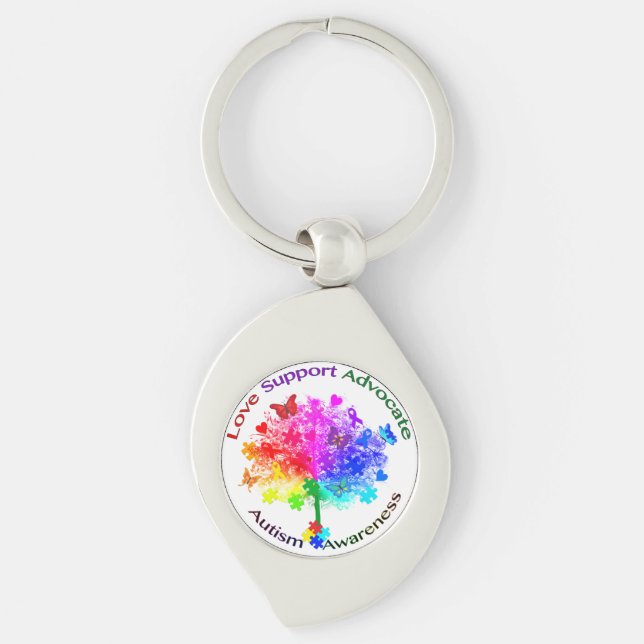 Autism Rainbow Träd Swirl Silverfärgad Nyckelring (Framsidan)