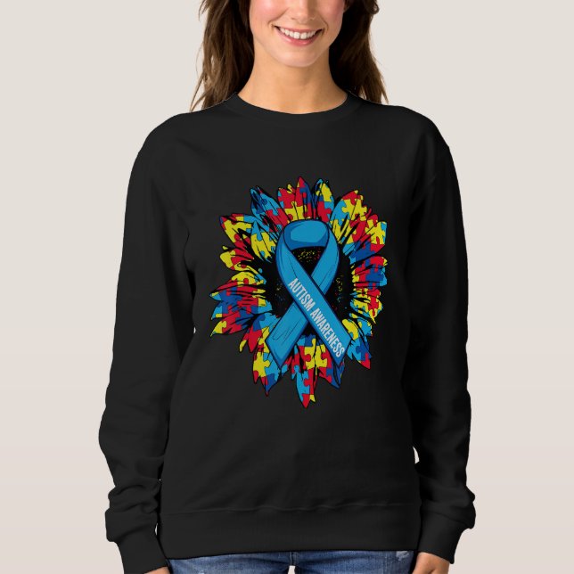 Autism Ribbon Sunflower In April We Wear Blue For  T Shirt (Framsida)