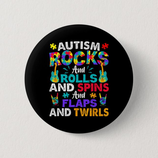 Autism Rocks And Rolls And Spins Autism Medvetenhe Knapp (Framsida)