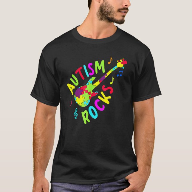 Autism Rocks Autism medvetenhet Gitarr Pusselbit T Shirt (Framsida)