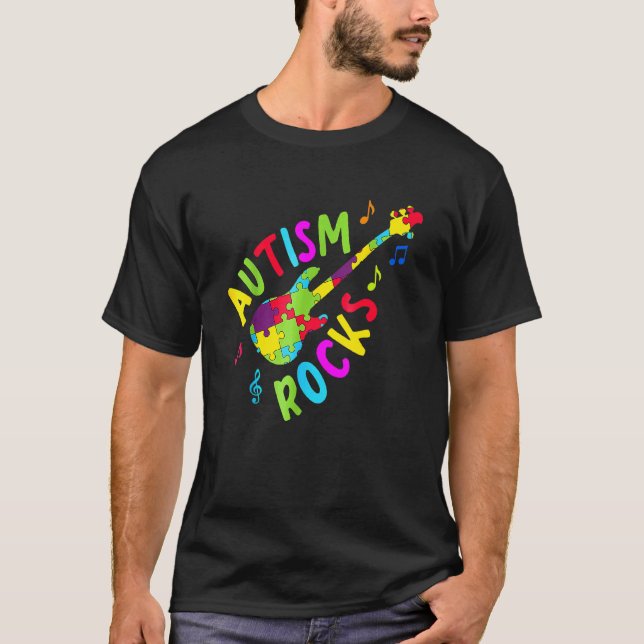 Autism Rocks Autism medvetenhet Gitarr Pusselbit T Shirt (Framsida)