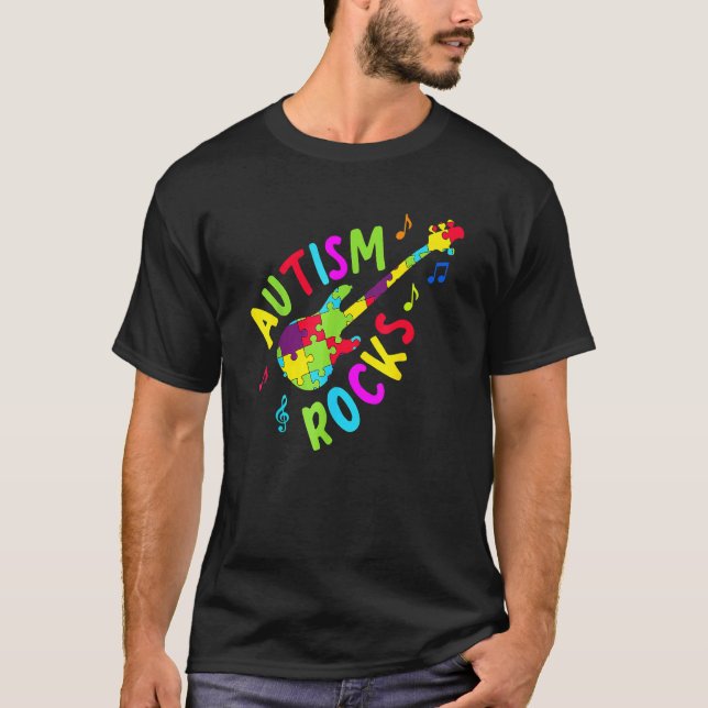 Autism Rocks Autismmedvetenhet Gitarr Pusselbitar T Shirt (Framsida)