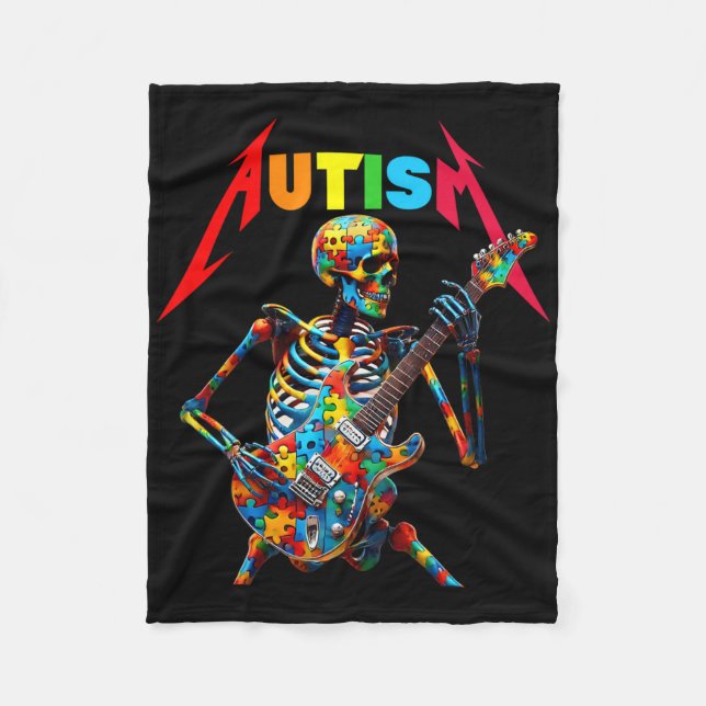 Autism Skelett Gitarrspelare Rockmusik Autism Medv Fleecefilt (Framsidan)
