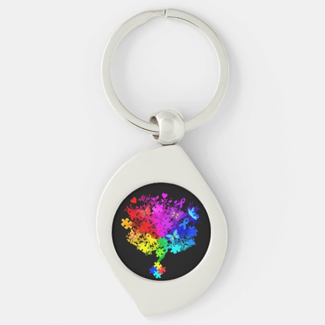 Autism Spectrum Träd Swirl Silverfärgad Nyckelring (Framsidan)