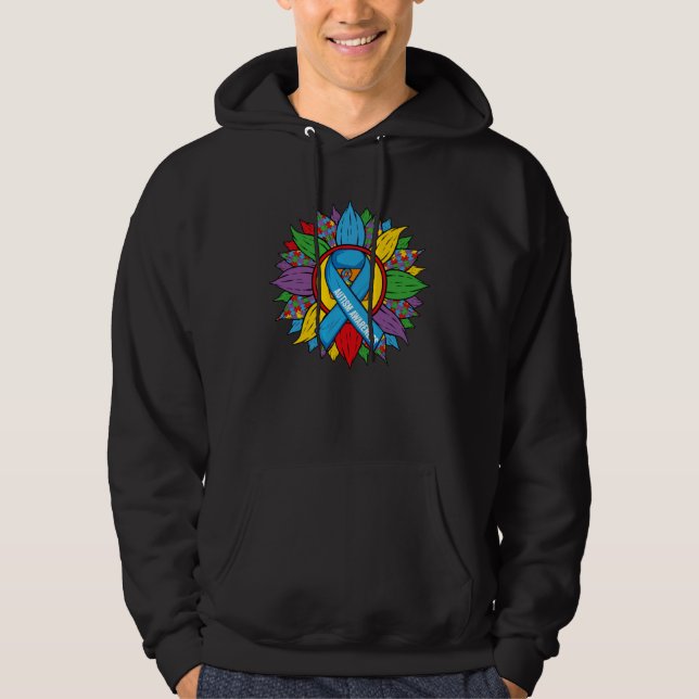 Autism Sunflower Blue Ribbon In April We Wear Blue Hoodie (Framsida)