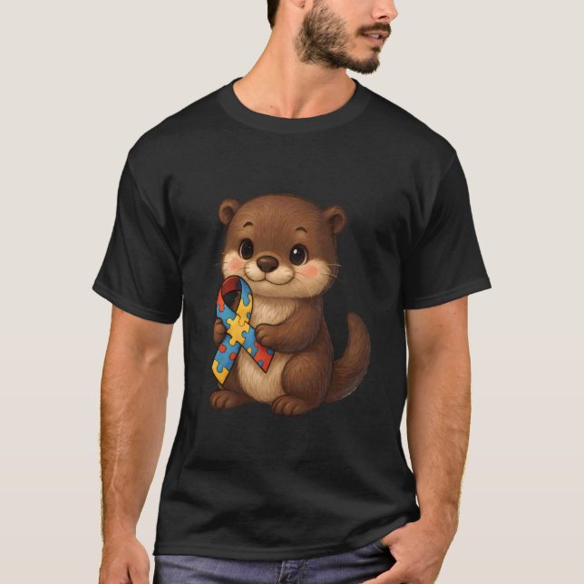 Autism Utter Medvetenhet Gul Röd Blå Djur Revben T Shirt (Framsida)