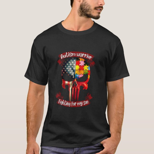 Autism Warrior Fighing for My Son Skull Autistic T Shirt (Framsida)