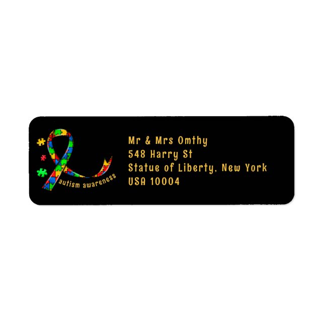 "autismmedvetandehöjande" bandpussel med biet-aspe returadress etikett (Framsidan)