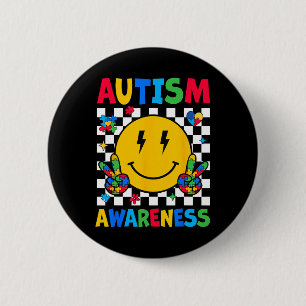 Autismmedvetenhet Autism Squad Stöd Leende Ansikte Knapp