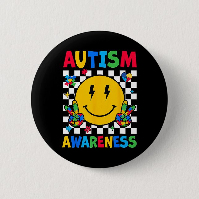 Autismmedvetenhet Autism Squad Stöd Leende Ansikte Knapp (Framsida)