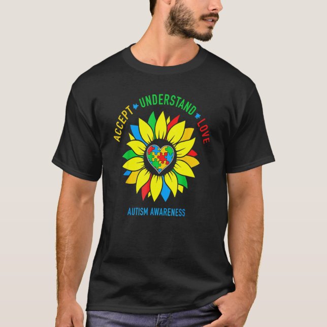 Autismmedvetenhet Solros Acceptera Förstå Kärlek  T Shirt (Framsida)