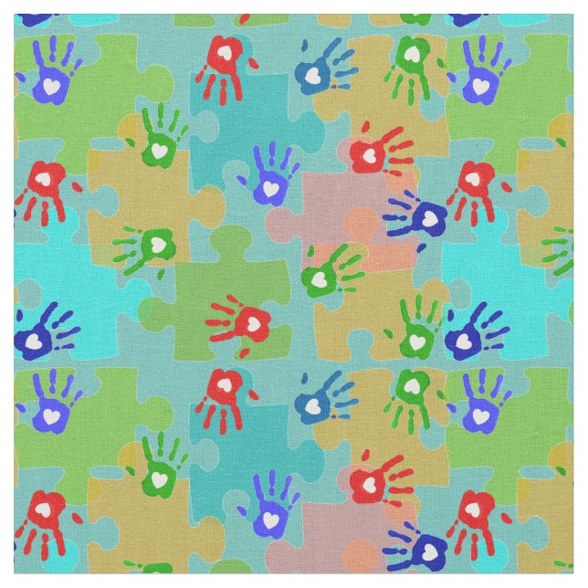Autismmedvetenheten lurar händer som pussel lappar tyg (Närbild)