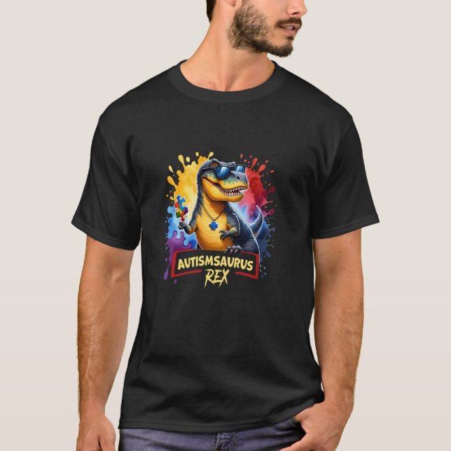 Autismsaurus Rex med pusselstänk Autism Medvetenhe T Shirt (Framsida)