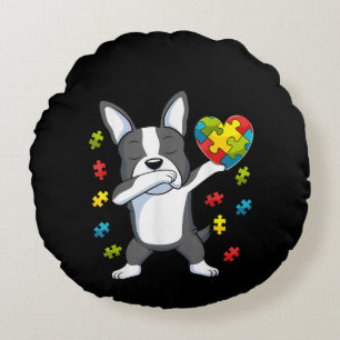 Autistic Dabbing Boston Terrier Puzzle Biet Heart Rund Kudde