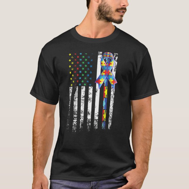 Autistisk medvetenhet American Flagga Distress Tee (Framsida)