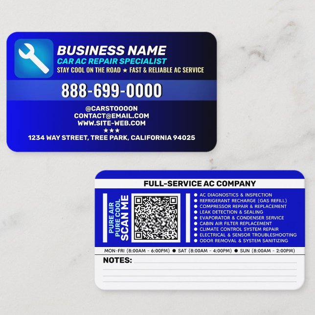 Auto Air Conditioner Service | Best Car AC Repair Visitkort (Shop car air conditioner repair business cards in blue color)