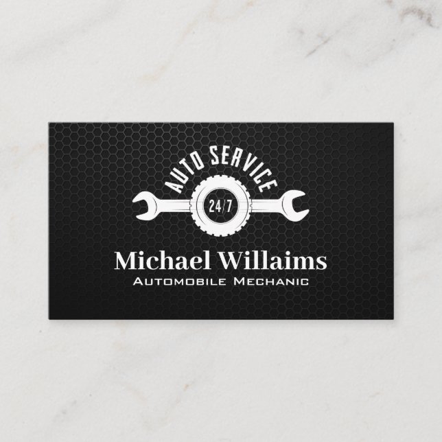 Auto Service Wrench Logotyp | Kolfiberbakgrund Visitkort (Framsida)