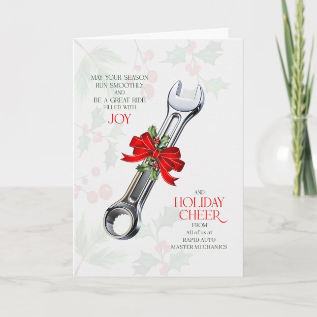 Auto Shop Wrench Business Cheer Custom Name Helgkort (Framsida)