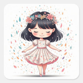 Autocollant  Fille Fleurie - Design Original Fyrkantigt Klistermärke