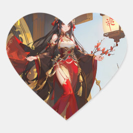 Autocollant fille manga avec robe soiree rouge hjärtformat klistermärke