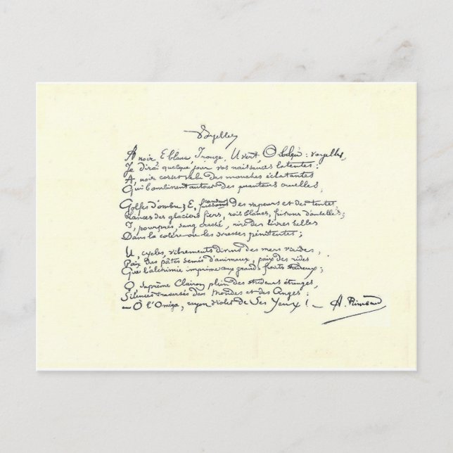 Autografmanuskript av Voyelles (Rimbaud) Vykort (Framsida)